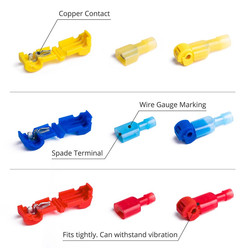 Wirefy T Tap Wire Connectors Kit - Electrical Connectors Kit - Spade Terminals - Quick Splice Disconnect Wire Taps - (120 PCS 22-10 AWG) | T Taps for Wiring Automotive and T Splice Wire Connectors - Image 2